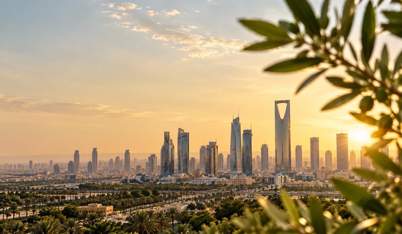 أفق مدينة الرياض عند الغروب مع غصن زيتون